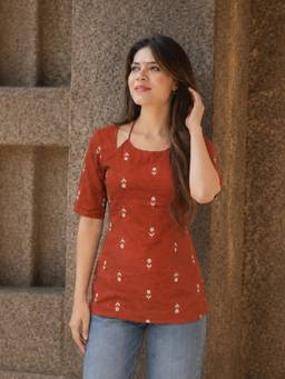 Aaghnya - Women Rust Floral Halter Neck Kurti