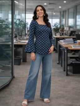 Aaghnya - Women Blue Floral Square Neck Kurti