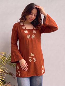 Aaghnya - Women Rust Embroidered V-Neck Kurti