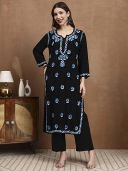 SYRISH - Black Hand Embroidery Rayon Chikankari Kurta