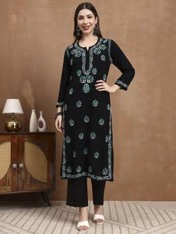 SYRISH - Black Rayon Floral Hand Embroidery Chikankari Kurta