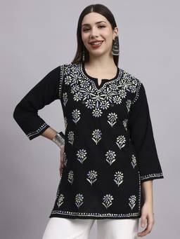 SYRISH - Black Base Cotton Chikankari Hand Embroidered Kurti