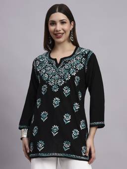 SYRISH - Women Black Base Cotton Chikankari Hand Embroidered Kurti