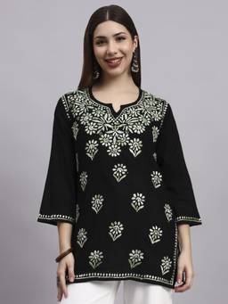 SYRISH - Black Base Cotton Hand Embroidered Chikankari Kurti