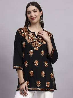 SYRISH - Women'S Black Base Cotton Chikankari Hand Embroidered Kurti