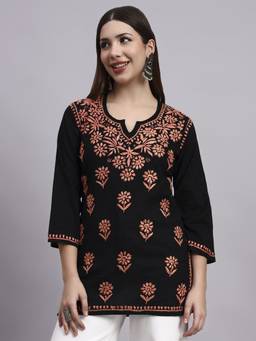 SYRISH - Black Base Womens Cotton Chikankari Hand Embroidered Kurti