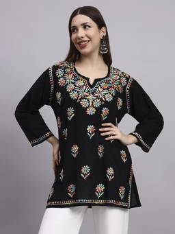SYRISH - Womens Black Base Cotton Chikankari Hand Embroidered Kurti