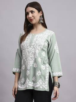 SYRISH - Green Floral Chikankari Embroidered Kurti