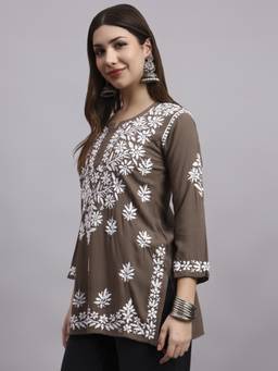 SYRISH - Taupe Floral Chikankari Embroidered Kurti