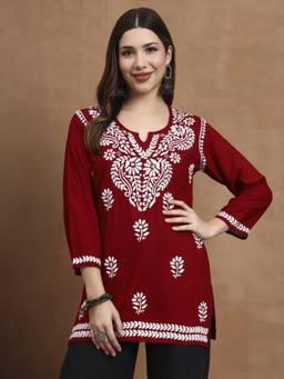 SYRISH - Maroon Floral Chikankari Embroidered Rayon Kurti
