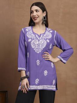 SYRISH - Purple Floral Chikankari Embroidered Rayon Kurti