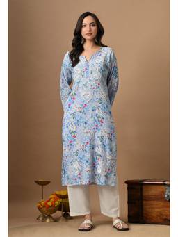 SYRISH - Blue Floral Mulmul Chikankari Hand Embroidered Kurta