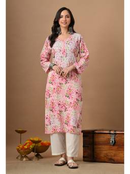 SYRISH - Pink Floral Mulmul Chikankari Hand Embroidered Kurta