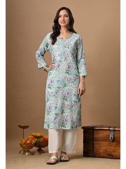 SYRISH - Sky Blue Floral Mulmul Chikankari Hand Embroidered Kurta