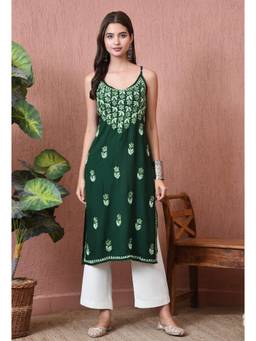 SYRISH - Green Handcrafted Chikankari Rayon Sleeveless Kurta