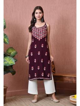 SYRISH - Maroon Handcrafted Chikankari Rayon Sleeveless Kurta