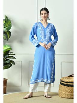 SYRISH - Sky Blue Hand Embroidered Rayon Chikankari Straight Kurta