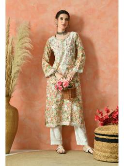 SYRISH - Green Hand-Embroidered Chikankari Mulmul Straight Kurta