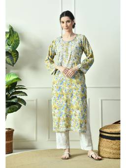 SYRISH - Yellow Mulmul Hand-Embroidered Chikankari Kurta