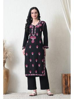 SYRISH - Women'S Floral Hand Embroidery Black Rayon Chikankari Kurta