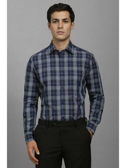 Louis Philippe - Men Navy Blue Classic Fit Checks Full Sleeves Formal Shirt