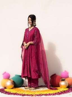 MITHI SUPARI - Pink Parijat Anarkali Kurta with Pant and Dupatta (Set of 3)