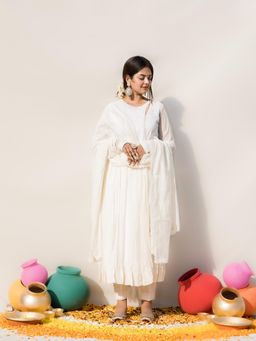 MITHI SUPARI - Ivory Gulmohar Angarkha Kurta with Pant and Dupatta (Set of 3)