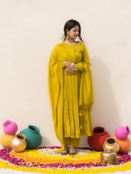 MITHI SUPARI - Lime Gulmohar Angarkha Kurta with Pant and Dupatta (Set of 3)