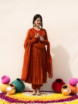 MITHI SUPARI - Rust Gulmohar Angarkha Kurta with Pant and Dupatta (Set of 3)