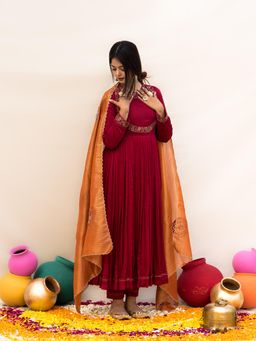 MITHI SUPARI - Red Gul Bahaar Anarkali Kurta with Pant and Dupatta (Set of 3)