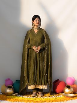 MITHI SUPARI - Olive Nargis Anarkali Kurta with Pant and Dupatta (Set of 3)