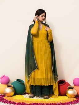 MITHI SUPARI - Mustard Mogra Anarkali Kurta with Green Sharara and Dupatta (Set of 3)