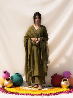 MITHI SUPARI - Olive Savani Embroidered and Sequined Kurta with Palazzo and Dupatta (Set of 3)