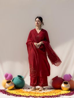 MITHI SUPARI - Red Savani Embroidered and Sequined Kurta with Palazzo and Dupatta (Set of 3)