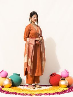 MITHI SUPARI - Rust Kesar Embroidered and Mirror Work Kurta with Pant and Dupatta (Set of 3)