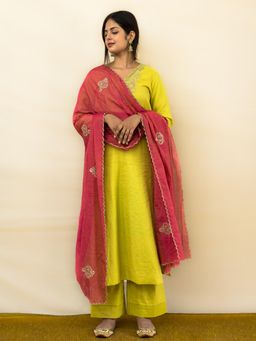 MITHI SUPARI - Lime Green Keri Embroidered Kurta with Pant and Dupatta (Set of 3)