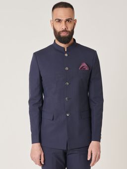 MR BUTTON - Navy Blue Slim Fit Mandarin Collar Bandhgala