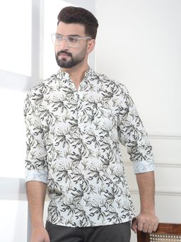 CRIMSOUNE CLUB - Men Olive Floral Printed Linen Kurta