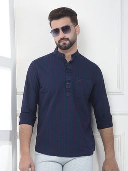 CRIMSOUNE CLUB - Men Navy Blue Vertical Striped Pure Cotton Kurta