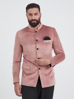 MR BUTTON - Men Pink Solid Slim-Fit Velvet Bandhgala