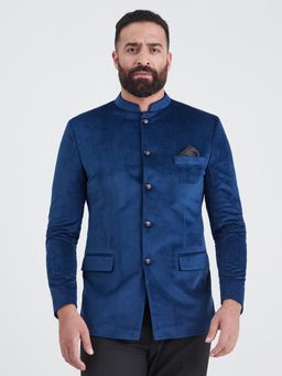 MR BUTTON - Men Blue Solid Slim-Fit Velvet Bandhgala