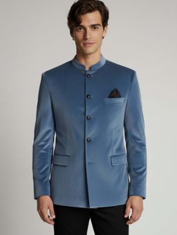 MR BUTTON - Men Blue Solid Slim-Fit Bandhgala
