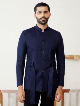 MR BUTTON - Men Navy Blue Tailored Fit Bandhgala with Belt