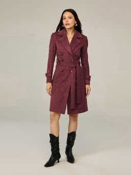 RSVP by Nykaa Fashion - Wine Solid Lapel Collar Belted Longline Overcoat With Belt (Set of 2)