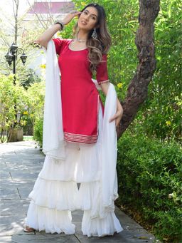 Lavanya The Label - Pink And White Kurta Sharara Set (Set of 3)