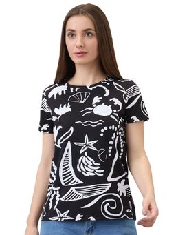 Spykar - Women Black Regular Fit Printed Half Sleeve Casual T-Shirt