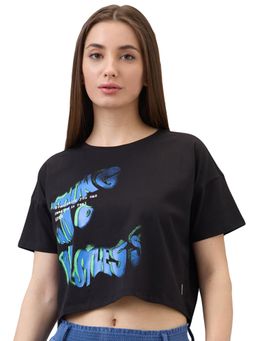 Spykar - Women Black Boxy Fit Solid Half Sleeve Casual T-Shirt