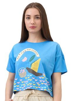 Spykar - Women Blue Boxy Fit Printed Half Sleeve Casual T-Shirt