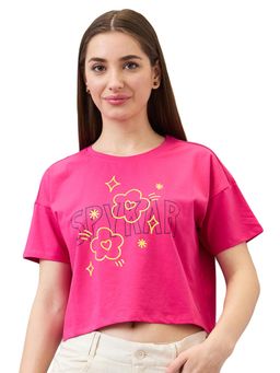 Spykar - Women Pink Boxy Fit Printed Half Sleeve Casual T-Shirt