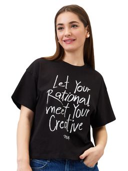 Spykar - Women Black Oversized Printed Half Sleeve Casual T-Shirt